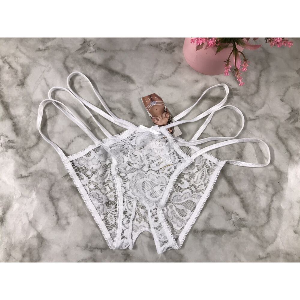 WOMEN'S Baci Strappy Surrender Crotchless Panty WHITE X-Large New